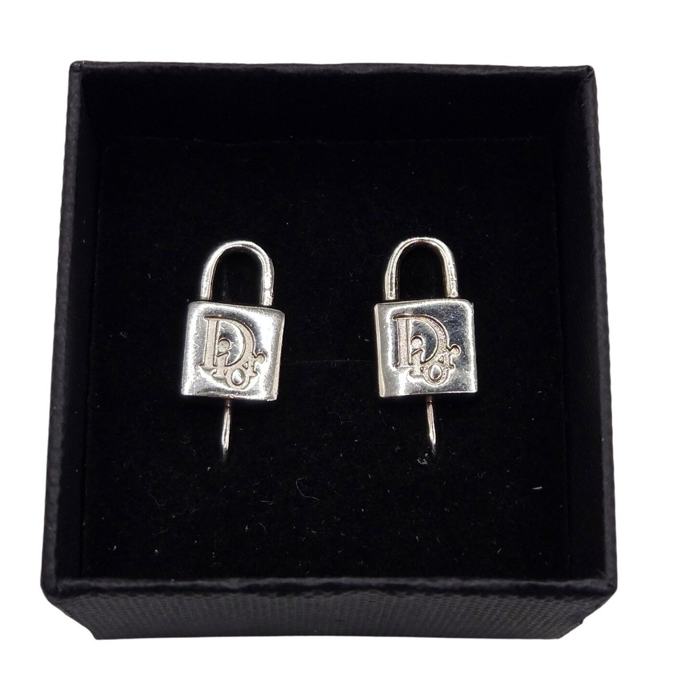 Christian Dior Vintage Padlock Screw Back Clip On Earrings Silver Tone Logo Lock - Picture 2 of 7